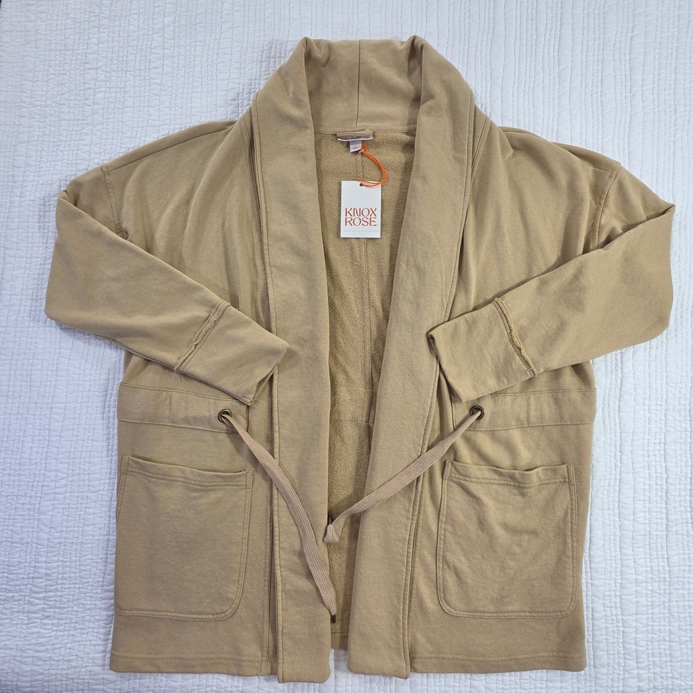 Knox Rose Tan Open Front Cardigan Shawl Collar Drawstring Waist Pockets L NWT